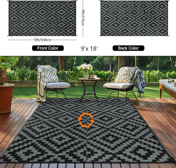 Outdoor Patio Plastic Straw Rug - 9x18 ft Outdoor Camping Rug Waterproof Reversible, Area Carpet Patios RV, Outside Porch Balcony Deck for Camper, Black & Grey