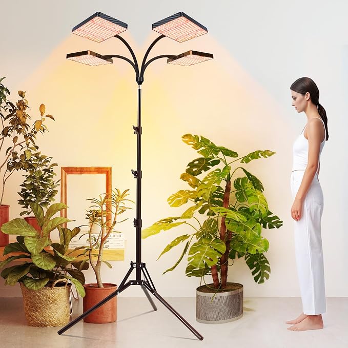FECiDA 2026 4Head Grow Light with Stand, 100 Watt Power Draw, Bright and Big Coverage Grow Lights for Large Houseplants, Bonsai Tree, 4/8/12/16/20 Hr Timer, 24"-72" Height Adjustable, 360° Gooseneck