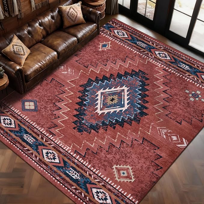 Yinhua Western 8x10 Rugs for Living Room, Aztec Washable Area Rug Low-Pile | Soft Rust Large Area Rug Non-Slip with Rubber Backing, Fall Non-Shedding Carpet for Office Nursery
