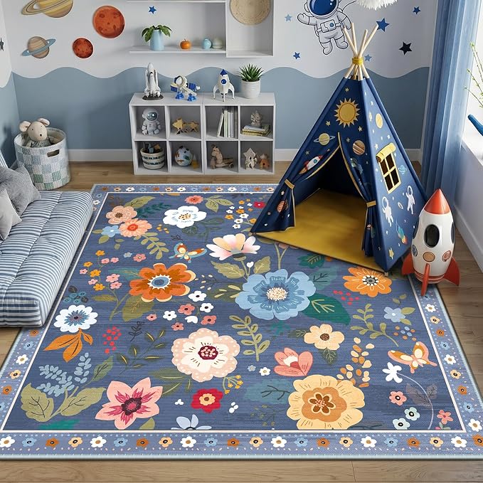 RELEANY Floral Washable Square 6ft Area Rug Blue/Grey | Flower Carpet, Print, Boho, Non-Slip, Easy to Clean, Soft, Low Pile for Living Room Bedroom Kitchen Office Entryway Hallway