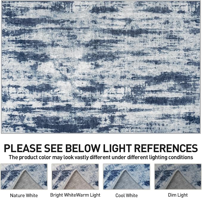 8x10 Area Rugs for Living Room: Washable Abstract Blue Grey Badroom Carpet | Non-slip TPE backing makes this washable soft low-pile rug safe & durable, Pet-friendly decor for dining room,nursery,office