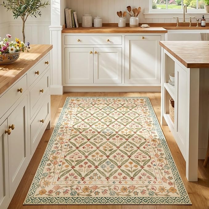 jinchan 4x6 Vintage Floral Washable Non Slip Bedroom Area Rug, Teal Blue | Soft & Lightweight, Checkered Floral, Low Pile, Bedroom, Kitchen, Girls Dorm, Apartment, Small Living Room, Cottage Decor