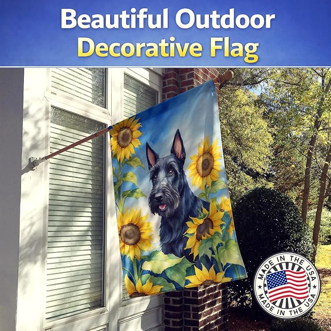 Caroline's Treasures DAC6158CHF Scottish Terrier in Sunflowers House Flag Large Porch Sleeve Pole Decorative Outside Yard Banner Artwork Wall Hanging, Polyester, House Size, Multicolor