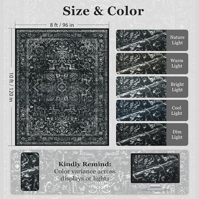Black Vintage Distressed 8x10 Area Rugs for Living Room, Washable Non Slip Bedroom Rugs Under Bed Faux Wool Soft, Dark Medallion Pinted Thin Carpet for Dining Room Home Office