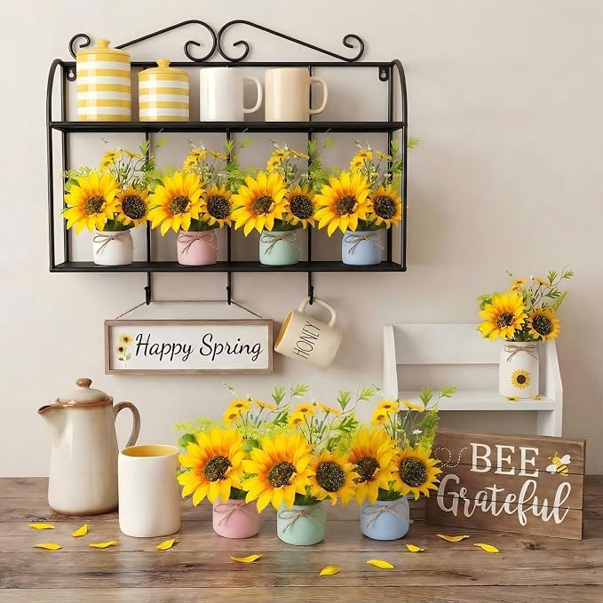 Zeyune 8 Pcs Sunflower Potted Plants Rustic Summer Spring Kitchen Wedding Table Centerpieces Silk Yellow Fake Flower with Plastic Pot for Home Bathroom Office (4 Colors,Sunflower)