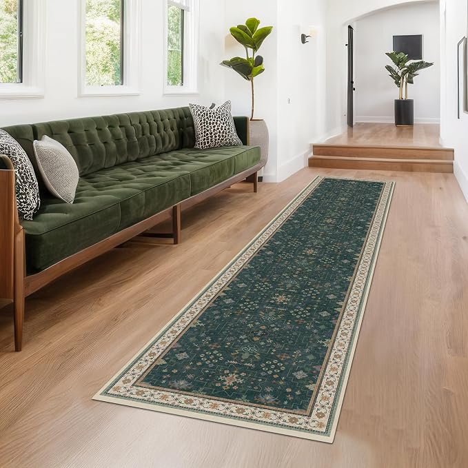 Dark Green 3x8 Wide Hallway Runner Rug - Modern Vintage Boho Floral Moody, Washable Low Pile Non-Slip Area Rugs for Large Entryway, Door Mat Indoor Entrance, Kitchen, Bedroom Beside Bed