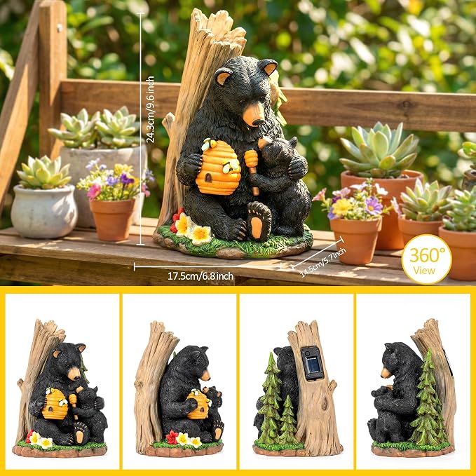 Candieslife Solar Bear Garden Statue with Glowing Beehive & Cub - Outdoor LED Figurine Decor for Patio, Lawn, Yard Art - Unique Birthday Housewarming Gift for Women, Mom, Father