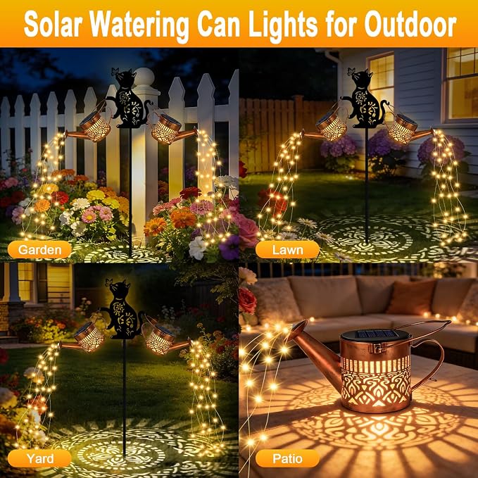 2 Pack Solar Watering Can Lights Waterproof, Metal Hanging Lantern Lights with Cat Silhouettes Stakes, Outside Garden Decor for Yard Patio Pathway, Gifts for Women Mother's Day Cat Lover Warm White