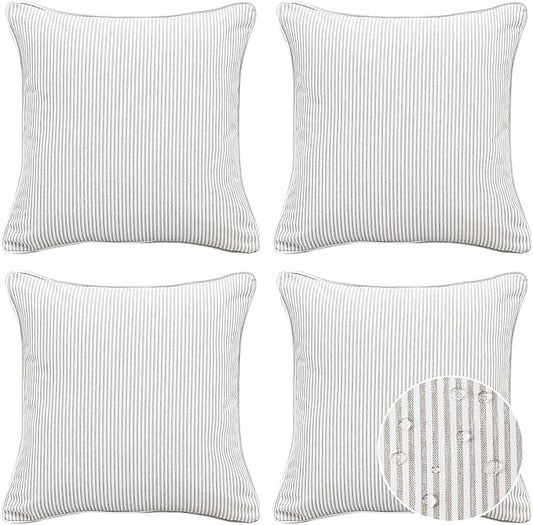 Decorative Outdoor Water Repellent Throw Pillows with Inserts, Set of 4, 18" x18" Pillows for Patio, Backyard, Bed, Couch, and Patio Furniture, Tan Stripe