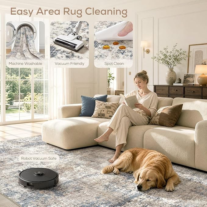 Nakagishi 8X10 Abstract Washable Area Rugs for Living Room-Blue Brown | Modern Non-Slip Silicone Backing Low Pile Soft Carpet for Bedroom Dining Decor Ideal for Families with Kids and Pets