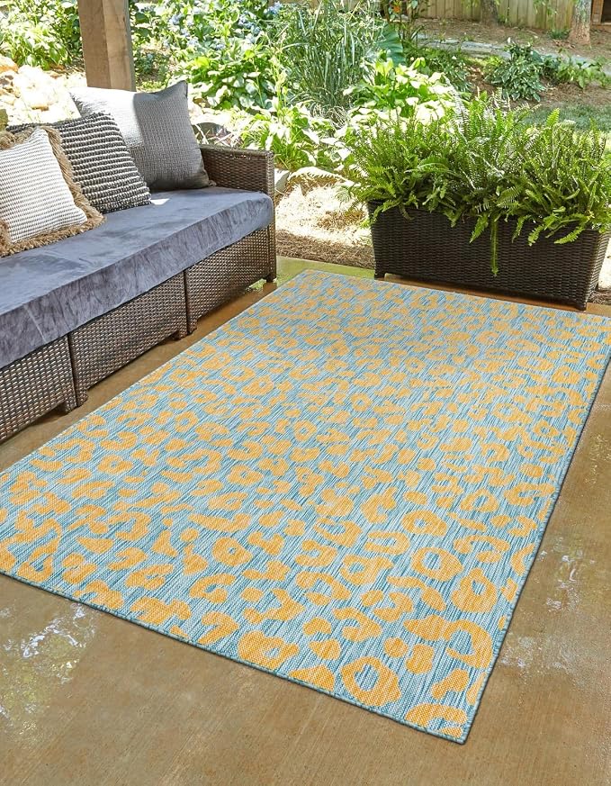 Unique Loom Outdoor Safari Collection Area Rug - Leopard (10' x 14' 1" Rectangle, Blue Yellow/ Blue)