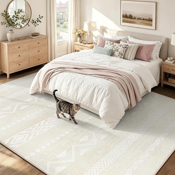Zomfy 9x12 Area Rug Washable Rugs for Living Room(Beige, 9'x12') | Geometric Boho Modern Rugs Large Non Slip Soft Carpet Low Pile No Shedding Print Rug for Bedroom Dining Room Home Office