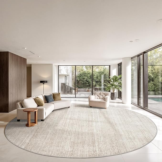 Valenrug Round Rugs 8ft, Circle Washable Area Rugs for Living Room, Beige | Soft Low Pile, Thin & Lighweight Non Slip Carpet, Folable Stain Resistant Modern Indoor Floor Mat for Bedroom, Dining Room