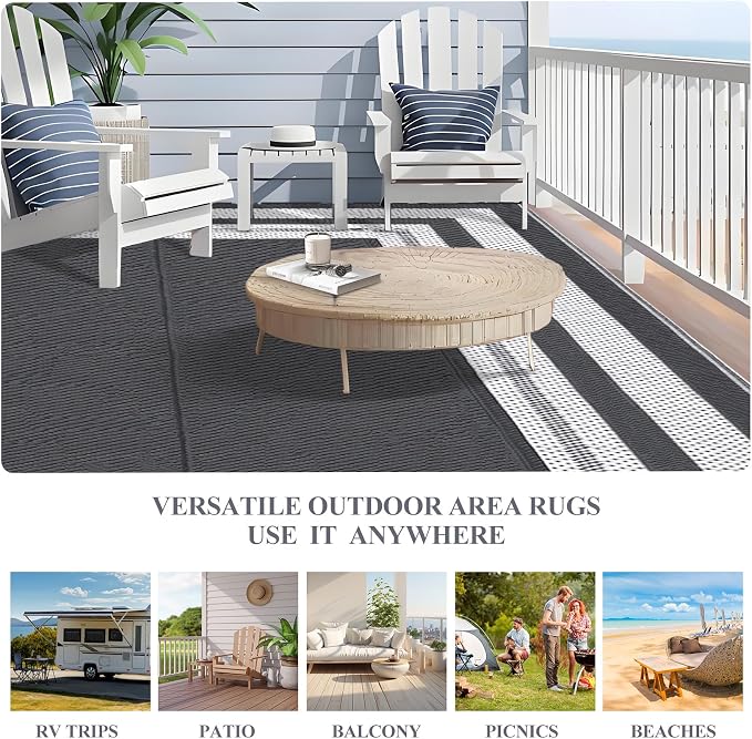 Garvee 9x12 Outdoor Rug for Patio Plastic Straw Rug Waterproof Reversible Mat Lightweight Foldable Carpet Easy Clean Large Rugs for Patio Porch Backyard Camping RV Beach Balcony Deck Panel Grey
