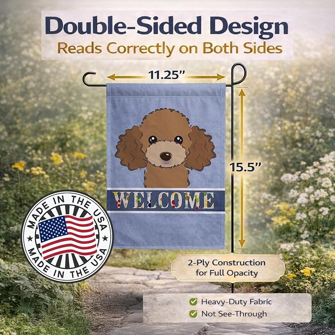 Caroline's Treasures BB1442GF Chocolate Brown Poodle Welcome Garden Flag, Blue Mailbox Flag Decorative Yard Flag Banner Outside Patio Artwork Yard Flower Beds, Garden Size, Multicolor
