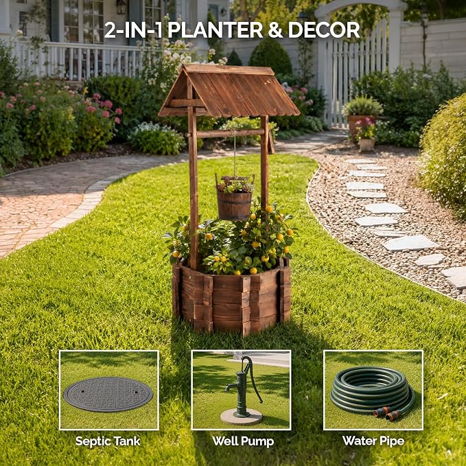 VINGLI Wooden Wishing Well Outdoor Planters, Well Covers for Yard with 4 Reinforced Rods, Height Adjustable Hanging Bucket, Rustic Flower Pot Decor for Outside Patio Garden(Carbonized, 25" Width)