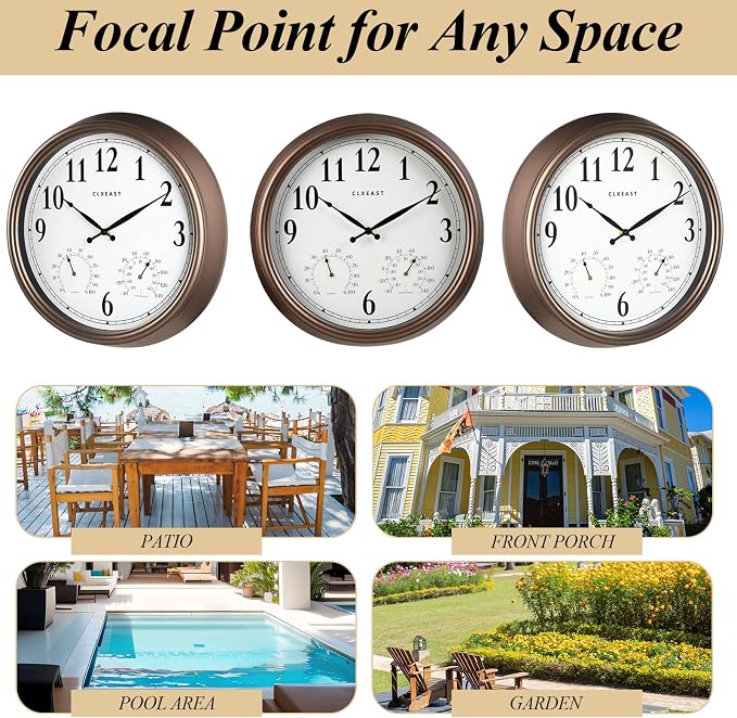 CLXEAST 18 Inch Indoor Outdoor Clocks Waterproof, Large Outdoor Clock with Temperature and Humidity Combo,Weatherproof,Bronze/Brown