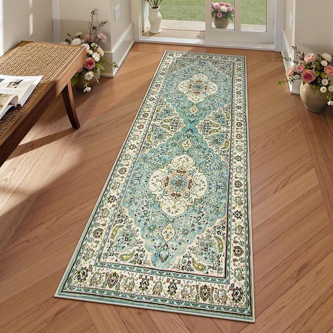 Lahome Felice Floral Medallion Runner Rug - 2x5 Laundry Rug Runner Soft Non-Slip Washable Low-Pile Bathroom Mat, Indoor Throw Floor Carpet Runners for Kitchen Entryway Bedroom RV, Sky/Baby Blue