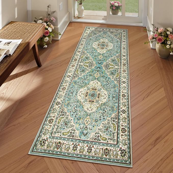 Lahome Felice Floral Medallion Runner Rug - 2x6 Hallway Bedside Turkish Throw Rug Runner Mat Soft Faux Wool Non-Slip Machine Washable Floor Carpet for Kitchen Laundry Bathroom, Sky/Baby Blue
