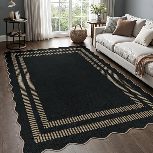 Scalloped Modern Easy Jute Carpet, 5x7 Outdoor Patio Washable Area Rug, Indoor Black Kitchen Rugs Farmhouse Neutral Non Slip Rug for Living Room Patio Entryway