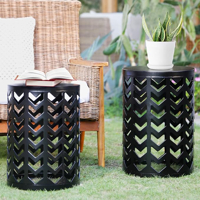 Y&M Outdoor Side Tables Set of 3, Round Metal Nesting Patio End Tables, Heavy Duty Stacking Accent Tables for Patio, Balcony, Garden, Porch, Indoor & Outdoor, Black