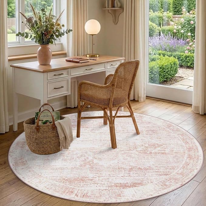 Latte&Fog 6ft Pink Round Area Rug for Girl Bedroom Washable Cute Circle Rug | Non Slip Low Pile Soft Floral Indoor Carpet for Living Room Kids Playroom Nursery Classroom Dorm Decor Dining Kitchen Office