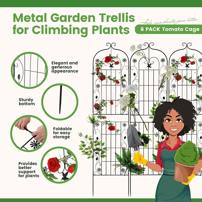 Blulu 6 Pack 87 x 20in Metal Garden Trellis for Climbing Plants Outdoor Tall Trellis Black Rustproof Decorative Plant Lattice Panels for Roses Jasmine Vine Flower Vegetable Support
