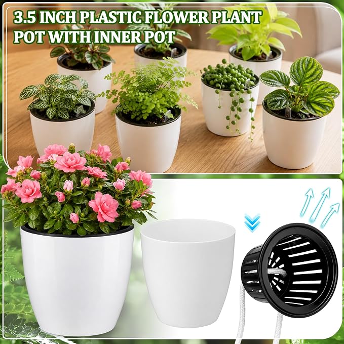 18 Pcs Self Watering Pots, 3.5 Inch Plastic Flower Plant Pot with Inner Pot Self Watering Wick Planter White Flower Pots for Indoor House Plants Herbs, Flowers, Succulents(White Black)