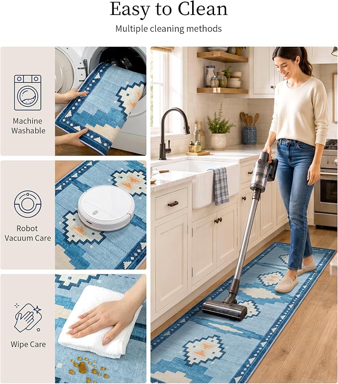 YIHOUSE 2'x6' Washable Hallway Runner Rug, Blue Aztec Coastal Runner Rug | Non-Slip, Low Pile, Soft, Mid Century Modern Geometric Design, for Entryway Kitchen Bedroom