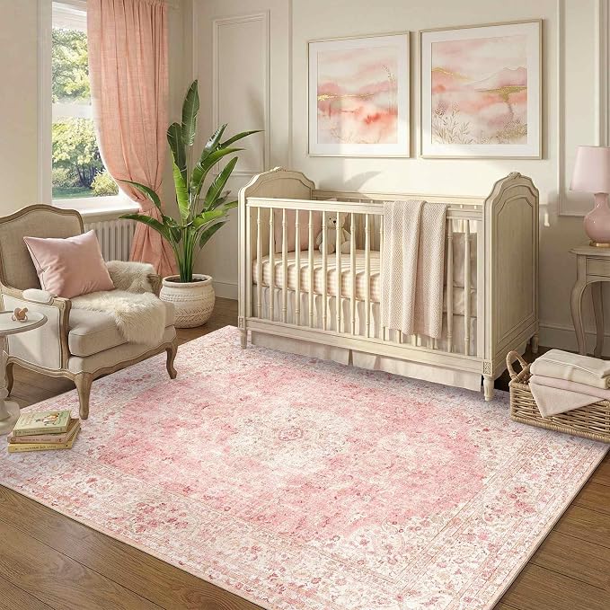 Latte&Fog Vintage Pink Area Rugs 4x6, Washable Cute Small Rugs for Girls | Bedroom Dining Kitchen Kids Playroom Nursery Classroom Dorm Farmhouse Office, Non Slip Low Pile Soft Floral Carpet