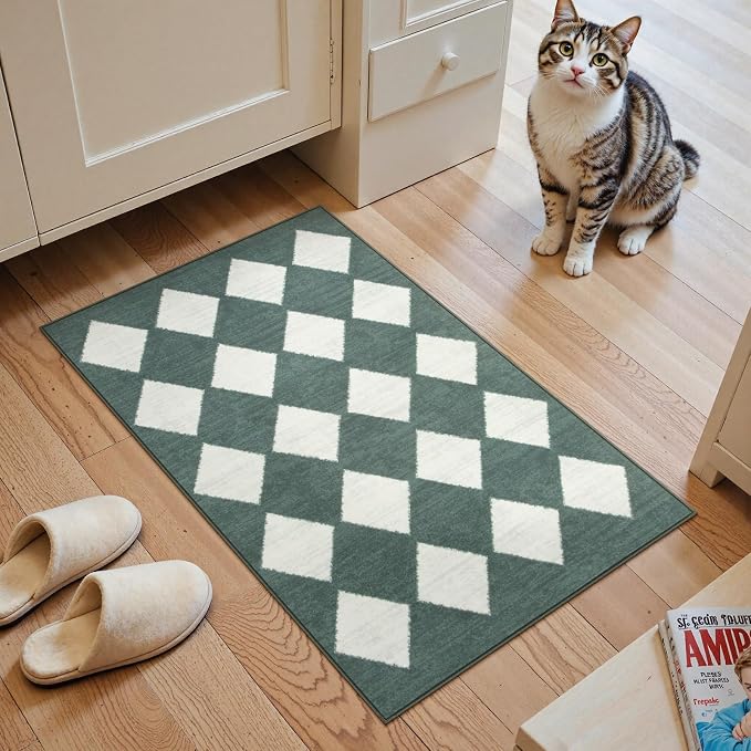 Lahome Zelie Checkered Washable 2x3 Green Kitchen Rugs Non Slip, Small Printed Indoor Door Mat for Entryway, Moroccan Trellis Ultra-Thin Throw Carpet for Bedroom Entrance Decor (2'x3',Dark Green)