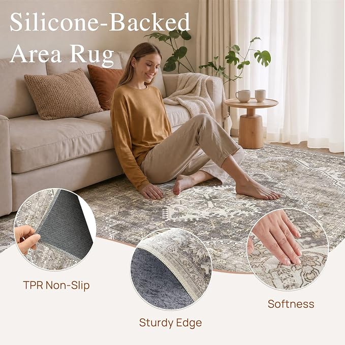 DTICON Vintage Washable 8x10 Area Rug Living Room Rugs, Taupe | Boho Distressed, Pet & Kid Friendly, Non-Slip Backing, Soft Polyester, Low-pile Carpet for Living Room, Bedroom, Dining Room