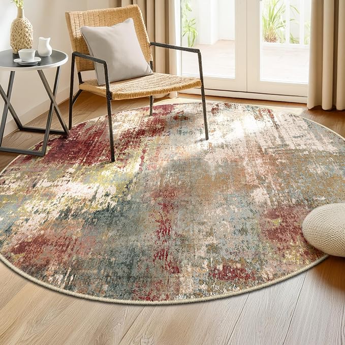 RELEANY Washable Round 6ft Area Rug for Living Room Rustic Brown | Carpet for Bedroom, Kitchen, Office, Hallway and Entryway, Printed Pattern, Non‑Slip, Soft, Stain‑Resistant, Easy to Clean