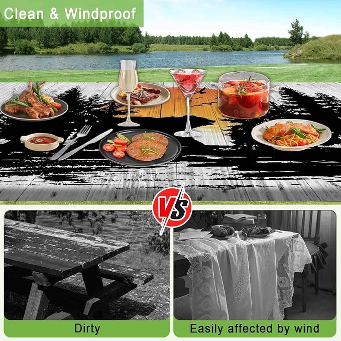 Picnic Table Cover with Bench Covers Wooden Forest Cabin Camping Essentials Waterproof Windproof Camping Tablecloth with Drawstring Bag, Fitted Rectangle Tables and Seats White，72" x 30" inch