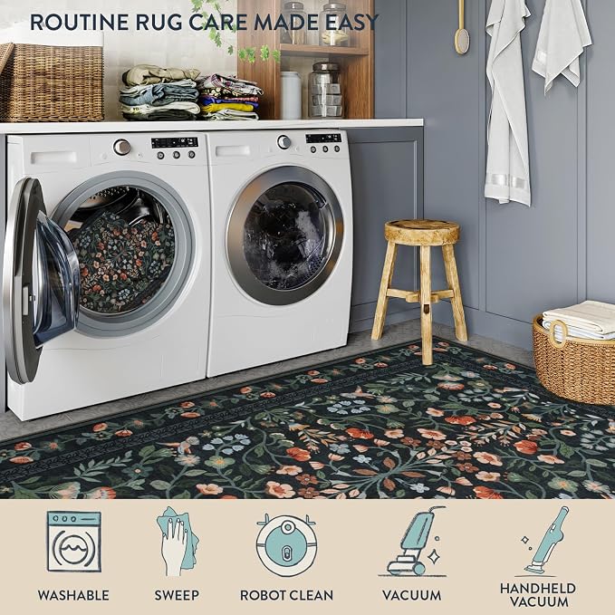 Lahome Black Floral Washable Area Rug 5x7, Vintage Boho Carpet | Non Slip Stain Resistant Carpet for Bedroom Kitchen Entryway, Low-Pile Soft Rug for Living Room Office, Home Decor