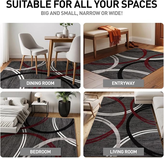 Rugshop Wavy Circles Modern Non-Shedding Living Room Oval Rug Red 5' x 7' | Oval, Size 5' x 7', Bedroom, Dining Room, Home Office, Kitchen, Entryway, Hallway, Nursery, Kids Room, Guest Room