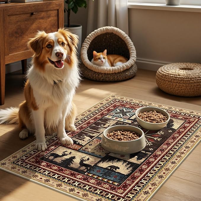 LOKHOM 2x3 Rustic Cabin Area Rug, Washable Western Lodge Bear Entryway Rug | Bear Pattern, Non-Slip, Low Pile Soft Doormat, Vintage Wildlife Accent Carpet Rug, For Living Room Bedroom Kitchen Entryway