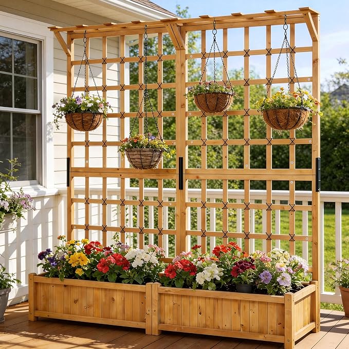 Aoxun 36" Raised Garden Bed with Trellis, Wood Planter Container with Hanging Roof & Garden Boxes for Climbing Plants Flowers Vine (1 piece)