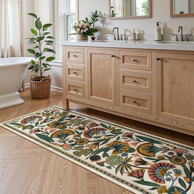 Zealude Washable Kitchen Runner Rug, Floral 2x6 Rug Runners for Hallways, Washbale Non Slip Beige Rugs, Soft Low Pile Carpet for Bedroom Entryway Laundry Room