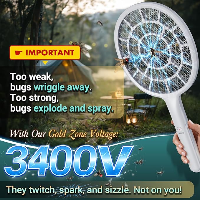 YsChois Electric Fly Swatter, Bug Zapper Companion, Mosquito Killer Racket | Gold Zone Voltage, Densest 3mm Mesh, Apple-Like Weight, AA Battery Operated (not incl) - Pro Swat Tips for Indoor & Outdoor