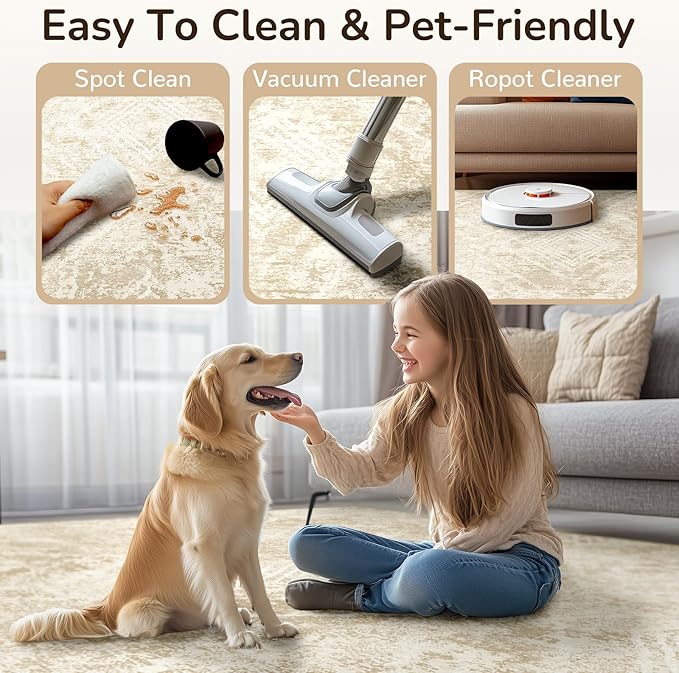 8'x10' Washable Area Rug for Living Room Beige/Lightbrown | Soft Western No Slip Low Pile Print Foldable Indoor for Kitchen Dining Room