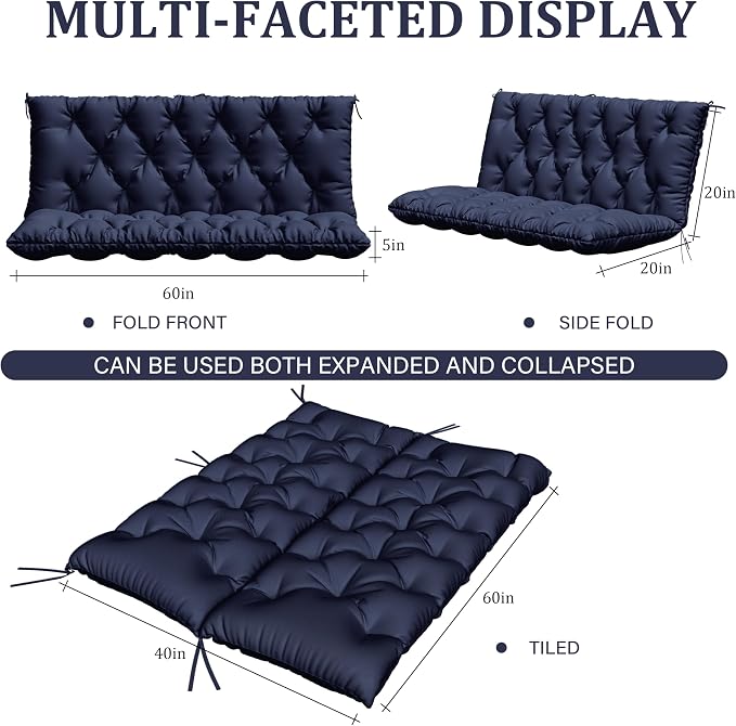 Porch Swing Cushion with Backrest,Waterproof Bench Cushion for Outdoor Furniture,2-3 Seater Replacement Thickened 5 in swing cushion,with Ties,Patio,Outdoor,Backyard and Garden (Navy Blue,60x40 in)