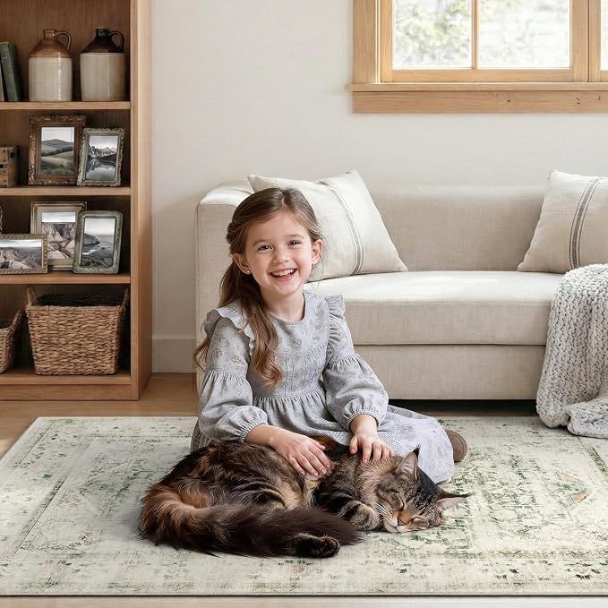 DCX Washable 8x10 Green Rug Stain Resistant Distressed Vintage Rug | Kid & Pet Friendly with Rubber Back Non Slip Soft Low Pile Large Carpet for Living Room, Bedroom, Home Office