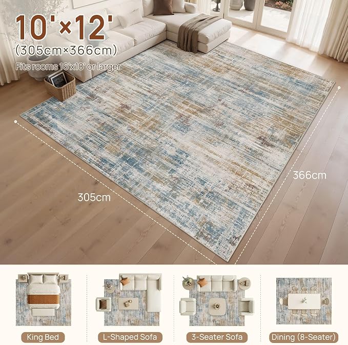UERMEI 10x12 Area Rug for Living Room Washable Abstract Blue Brown Carpet | Low Pile Non-Slip Soft Neutral Modern Kid Pet Friendly Large Rugs For Bedroom Dining Room Nursery Office Indoor Decor