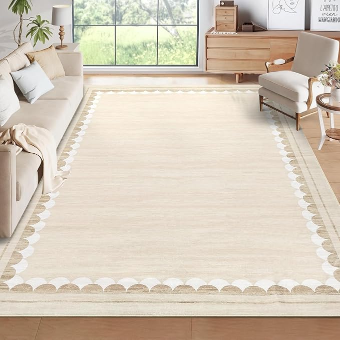 COZYLOOM 9x12 Dining Room Rugs for Under Table, Machine Washable Area Rugs for Bedroom, Non Slip Non Shedding Modern Border Rug, Stain Resistant Low Pile Carpet for Living Room, Nursery, Office, Beige