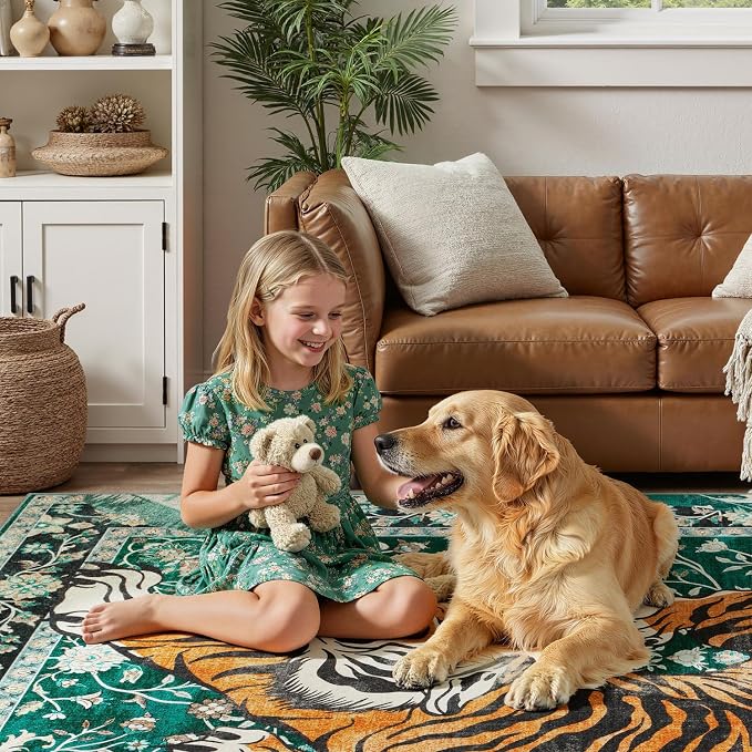 DCX Washable 3x5 Tiger Rug, Green Vintage Animal Rug for Entryway, Soft Low Pile Carpet, Kid & Pet Friendly with Rubber Back Non Slip, Stain Resistant Rug for Bedroom, Laundry, Bathroom
