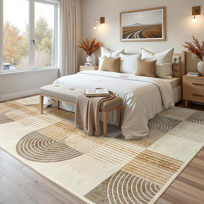 Washable Area Rugs for Bedroom Living Room 4x6 ft, Non-Slip Modern Rug | Stain Resistant, Low Pile, Soft Carpet Indoor Floor Boho Carpet for Kitchen Front Door Entrance Office Kids Room, Beige