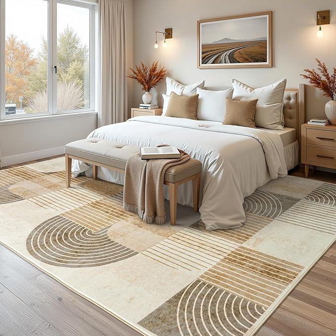 8x10 Area Rugs Washable Living Room Rug - Non-Slip Carpets Modern Rug | Neutral Soft Abstract Carpet Indoor Floor Stain Resistant Large Carpets for Bedroom Dining Room Nursery Home Office, Beige