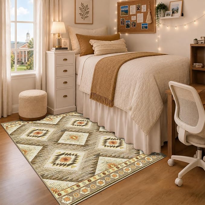 4'x6' Washable Area Rug for Living Room Bedroom Cream/Camel | Soft Western No Slip Low Pile Print Foldable Indoor for Kitchen Dining Room
