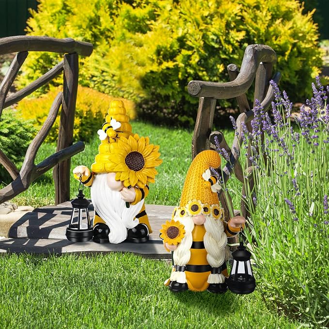 Suzile 2 Pack Sunflower Bee Gnome 9.4 Inch Garden Outdoor Statue Solar with Lantern Lights Gnomes Gifts for Women Outside Sunflower Bee Figurine for Yard Courtyard Lawn Patio Porch Decor